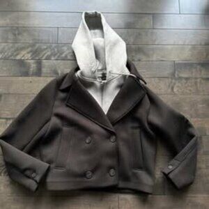 Zara Cropped Peacoat With Removable Grey Hood - NEW